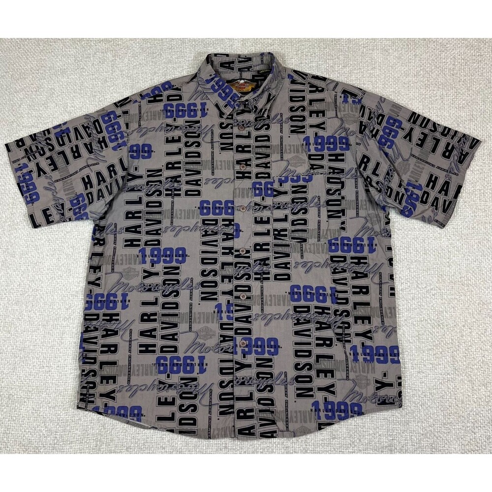 Harley Davidson Button Up Shirt Men's XL Gray Short Sleeve 1999 All Over Print